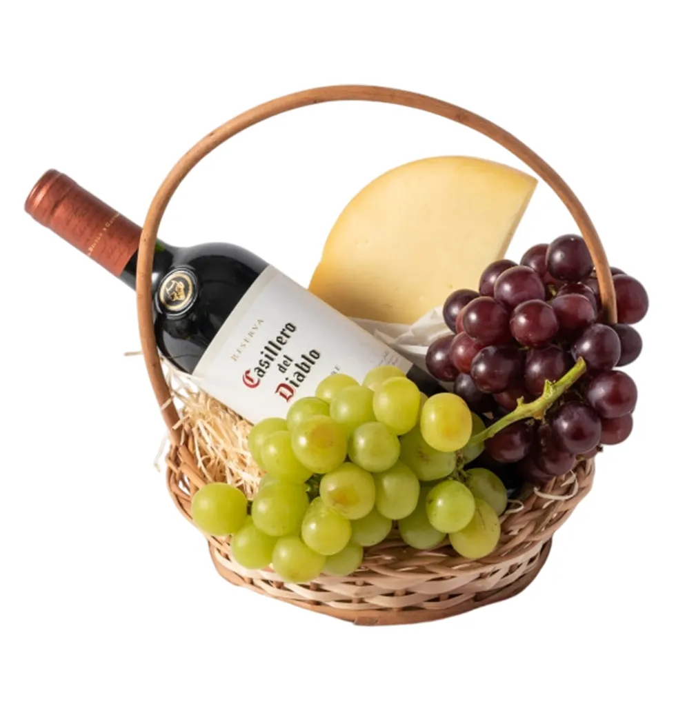 Small Basket of Cheese and Wine Delight