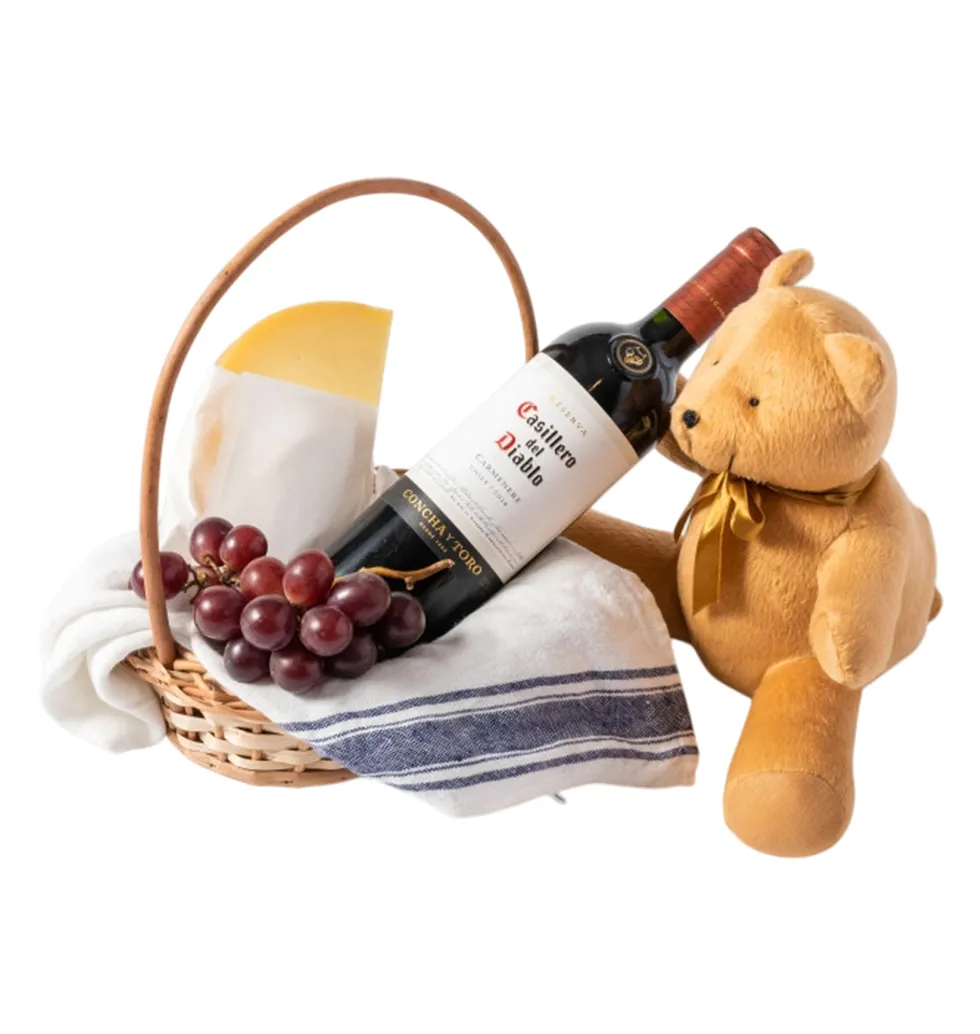Romantic Basket with Wine, Cheese & Plush
